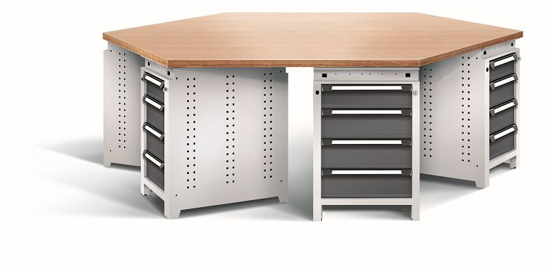 Otto Kind team-work Arbeitsplatz function, mit 6 Unterbauten Typ 107, Schubladen, Multiplexplatte 6-eckig, Gehäuse RAL 7035, Front RAL 7016, 074428049