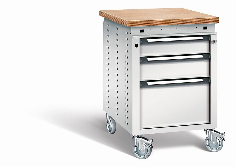 Otto Kind Werkbank Serie function Typ 152 fahrbar, Multiplexplatte 40 mm, bündig, 3 Schubladen, mit Zentralverschluss, komplett RAL 7035, 072379117