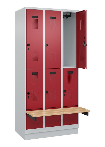 C+P Doppelstock-Spind Evolo PLUS, Bank, 6 Fächer, 1950x900x815mm, 7035/3003, Drehriegel, Sitzfläche Buche-Hartholz, mit Sockel, 049340-30 S10004