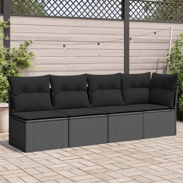 vidaXL Gartensofa mit Kissen 4-Sitzer Schwarz Poly Rattan, 365964