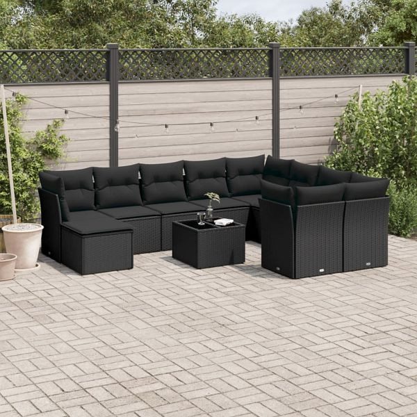 vidaXL 11-tlg. Garten-Sofagarnitur mit Kissen Schwarz Poly Rattan, 3250434