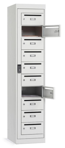 Deskin Postverteiler-Stahlschrank mit 10 Türen, Korpus und Türen Lichtgrau RAL 7035, H 1800 x B 400 x T 500 mm, 256696