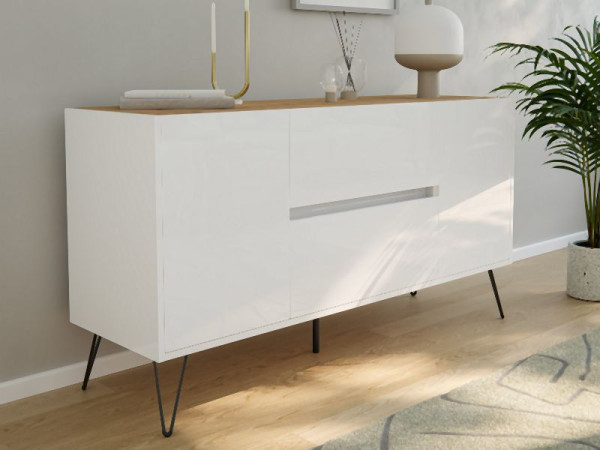 Posseik Sideboard Industrial F 140cm 2 Schubladen 2 Türen Weiß/Eiche Top, PN2083X0000059DE