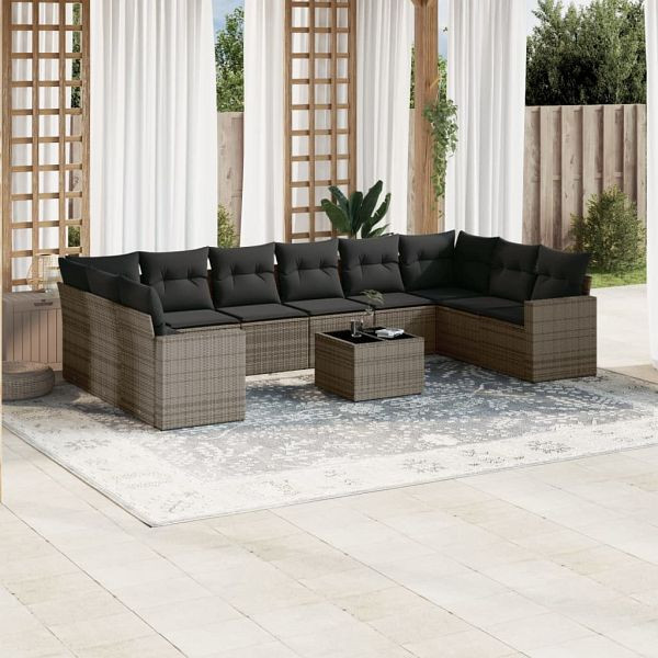 vidaXL 11-teilig Garten-Sofagarnitur mit Kissen Grau Poly Rattan, 3219470