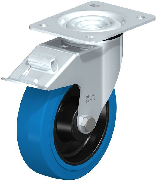 Blickle LE-POEV 160XR-FI-SB Stahlblech-Lenkrolle mit Anschraubplatte & Feststeller, Elastik-Vollgummi, Blau, 850156