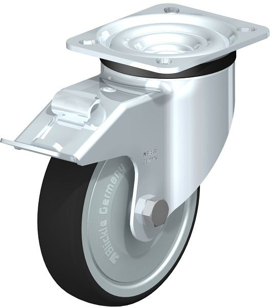 Blickle LK-PATH 125K-1-FI-FK Stahlblech-Lenkrolle, schwere Ausführung, mit Anschraubplatte & Feststeller, Thermoplastisches Polyurethan, Grau, 760096