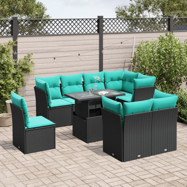 vidaXL 9-teiliges Gartensofa-Set mit Kissen, schwarzes Polyrattan, 3266727