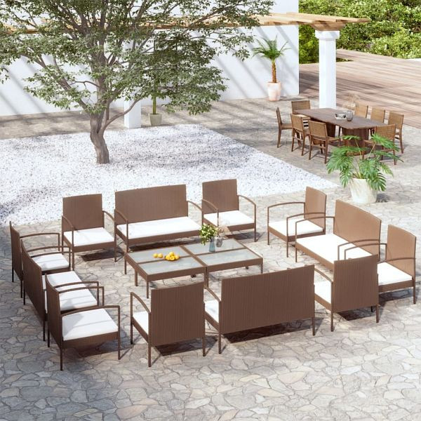 vidaXL 16-teilig Garten-Lounge-Set mit Auflagen Poly Rattan Braun, 3095966