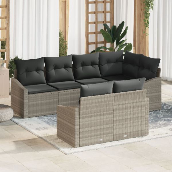 vidaXL 7-teiliges Garten Dining Set mit Kissen Hellgrau Poly-Rattan, 3355431