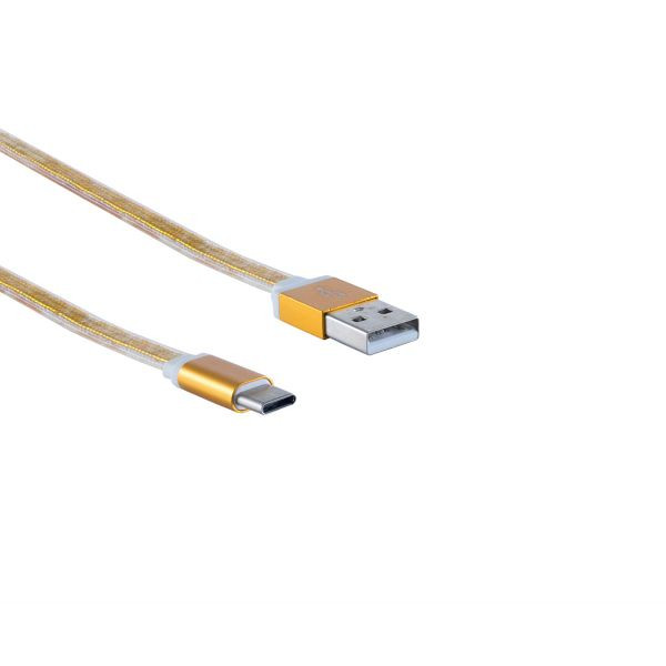 S-Conn USB Ladekabel, USB-A-Stecker auf USB Typ C Stecker, flach, ALU gold, 0,3m, 14-50042