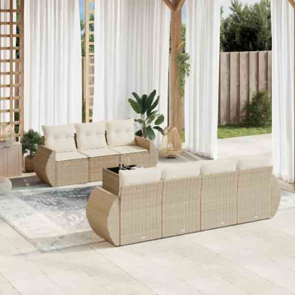 vidaXL 8-tlg. Garten-Sofagarnitur mit Kissen Beige Poly Rattan, UV-beständig, 3221127