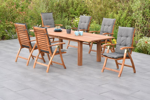 Merxx Paraiba Set 13-teilig, 6 Paraiba Klappsessel, 6 graue Kissen, 1 Doppelausziehtisch, 180 (220/260) x 100 cm, FSC Akazienholz, 50763-620