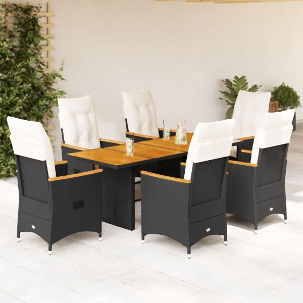 vidaXL 7-tlg. Garten-Essgruppe mit Kissen Schwarz Poly Rattan, 3276840