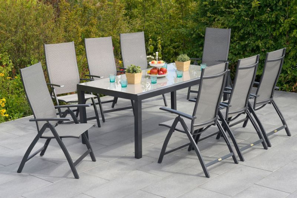 Merxx 9-teilig Vicenza Set, 8 Vicenza Klappsessel, Graphit/grau, 1 Tisch, Halbrundprofil, 190 x 100 cm, Alumiuniumgestell mit Textilbespannung, 50691-217