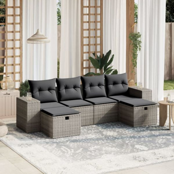 vidaXL 6-tlg. Garten-Sofagarnitur mit Kissen Grau Poly Rattan, 3264476