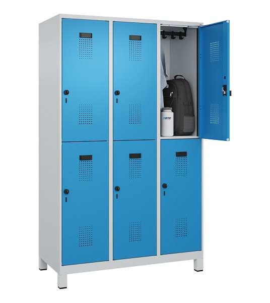 C+P Doppelstöckiger Spind Evolo PLUS, mit Füßen, 6 Fächer, 1950x1200x500mm, 703, Frontfarbe RAL 5012 Lichtblau, Drehriegel, 049310-32 S10007