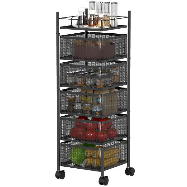 HOMCOM Küchenwagen, 5 drehbare Körbe, 4 Lenkrollen, Metallrahmen, Schwarz, 801-408V02BK