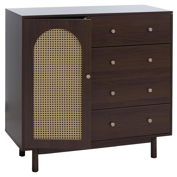 Mendler Kommode HWC-P52, Schrank Sideboard Highboard, Schubladen Staufächer, Poly-Rattan MDF Melamin 95x100x40cm, Walnuss-Optik, 139916+139917