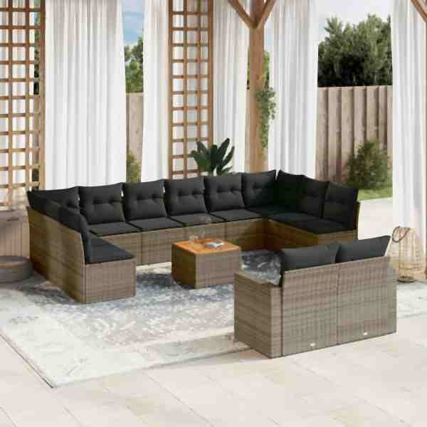 vidaXL 13-tlg. Garten-Sofagarnitur mit Kissen Grau Poly Rattan, UV-beständig, 3256690