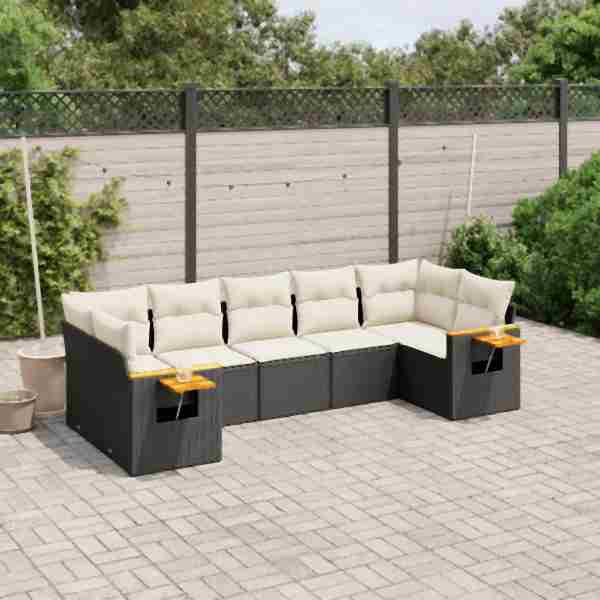 vidaXL 7-tlg. Garten-Sofagarnitur mit Kissen Schwarz Poly Rattan, UV-beständig, 3259508