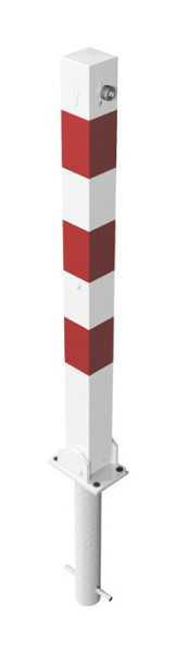 Schake Absperrpfosten Typ 470UZHB+1 umlegbar, zum Einbetonieren, mit Profilzylinder, 70x70mm, weiß mit roten Streifen, mit 1 Öse, 470UZHB+1