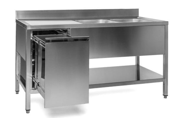 A&S Gastro Spültisch mit Abfallbehälter, 2 Becken rechts, Bautiefe 700 mm, 140x700x850 mm, SPT1472BR-A