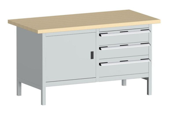 bott cubio Kastenwerkbank mit 3 Schubladen Tür, Ablage, Multiplex-Arbeitsplatte BxTxH: 1500 x 750 x 840 mm, RAL 7035, 41002025.16V