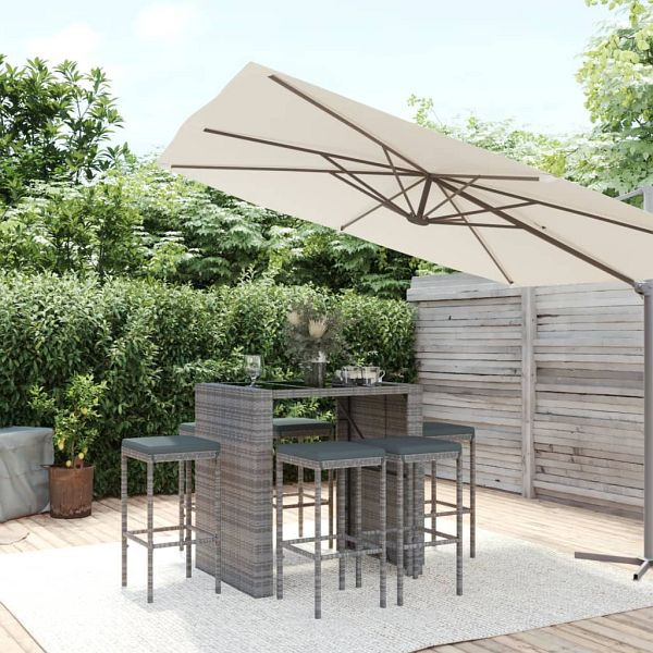 vidaXL 7-tlg. Gartenbar-Set mit Kissen Grau Poly Rattan, 3187622