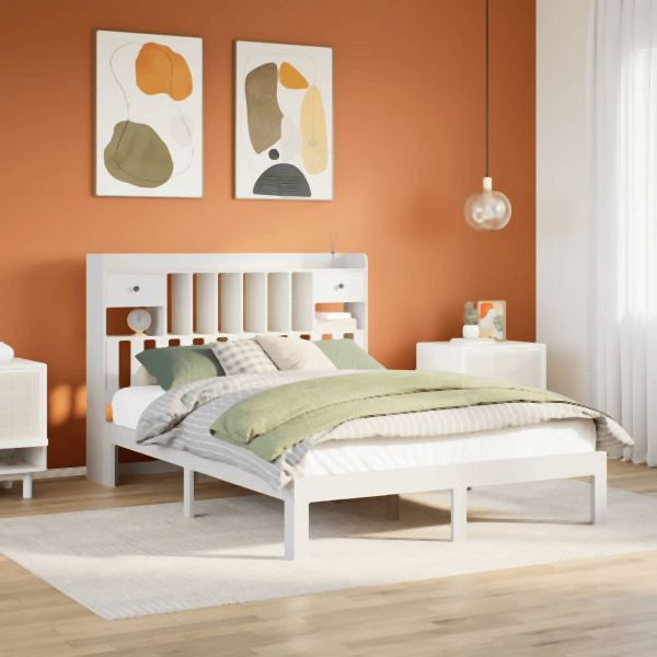 vidaXL Massivholzbett mit Regal ohne Matratze Weiß 140x200 cm Kiefer, 3322602