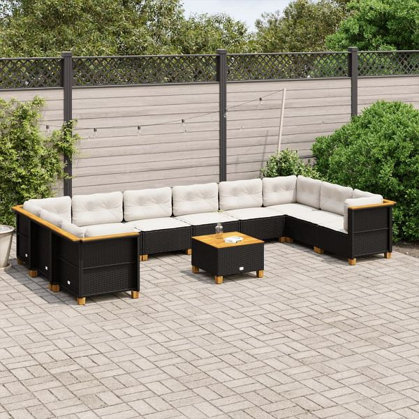 vidaXL 11-tlg. Garten-Sofagarnitur mit Kissen Schwarz Poly Rattan, 3262025