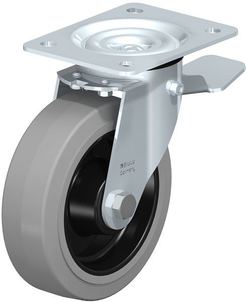 Blickle LE-POEV 160XR-ST-SG Stahlblech-Lenkrolle mit Anschraubplatte & Feststeller, Elastik-Vollgummi, Grau, 850163