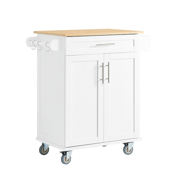 SoBuy Weißer Küchenwagen mit Schublade, Rollbarer Küchenwagen mit 4 Lenkrollen, Küchenwagen aus Bambus für die Küche, 83×46×91 cm, FKW13-II-WN
