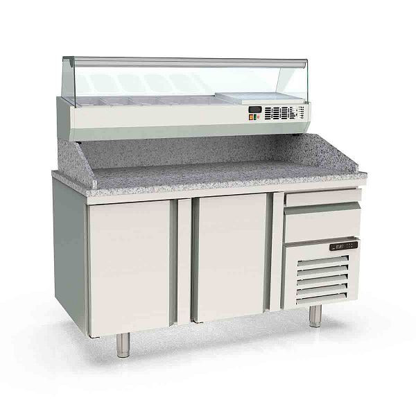 Vaiotec TOPLINE Pizzatisch 800 / 2-fach mit Türen, EN 60x40, Schublade, Granitplatte grau, inkl. Kühlaufsatz, GN 1/4, Breite: 1565 mm, 11616