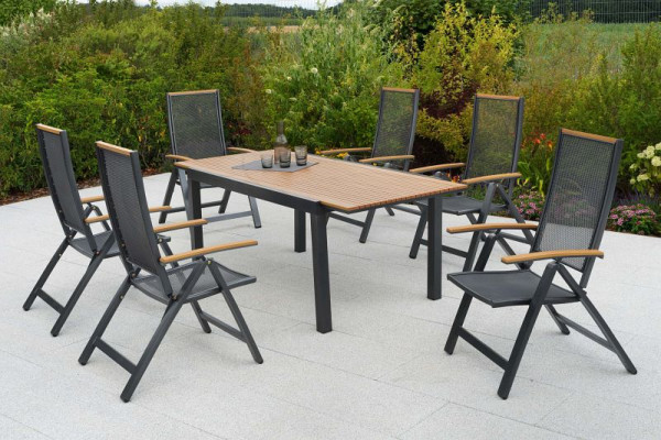 Merxx Itanos Set 7-teilig, 6 Klappsessel, 1 Ausziehtisch 150 (200) x 90 cm, Tischplatte aus Kunststoff in realistischer Holzoptik, 50477-217