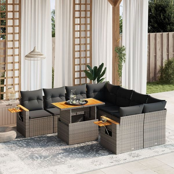 vidaXL 9-teilig Garten-Sofagarnitur mit Kissen Grau Poly Rattan, 3273447