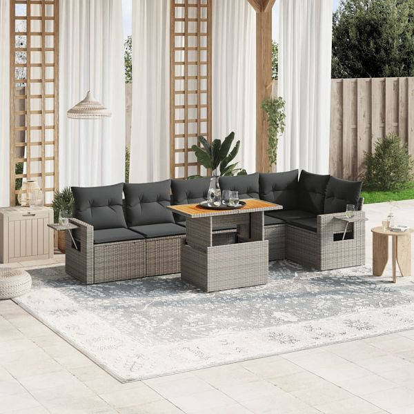 vidaXL 7-teilig Garten-Sofagarnitur mit Kissen Grau Poly Rattan, 3271767