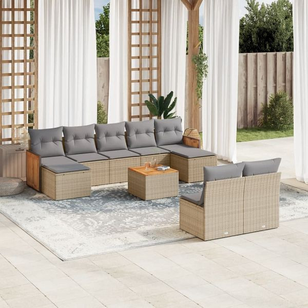 vidaXL 10-teilig Garten-Sofagarnitur mit Kissen Beige Poly Rattan, 3260463