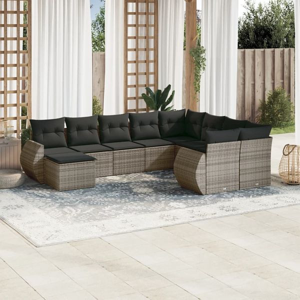 vidaXL 10-teilig Garten-Sofagarnitur mit Kissen Grau Poly Rattan, 3221859
