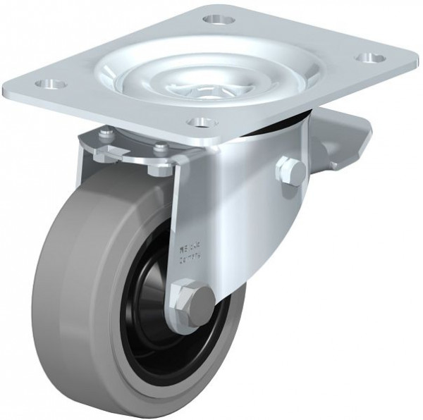 Blickle LK-POEV 100KD-3-ST-SG Stahlblech-Lenkrolle, schwere Ausführung, mit Anschraubplatte & Feststeller, Elastik-Vollgummi, Grau, 851029