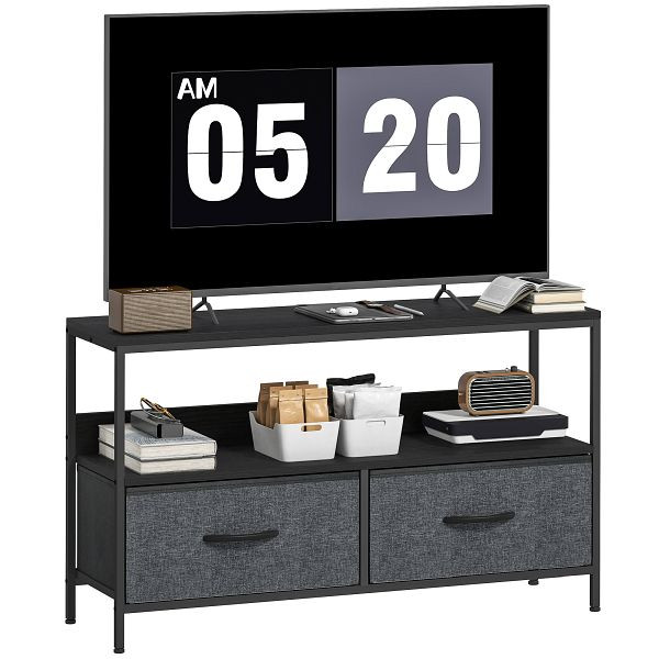 HOMCOM TV Schrank Lowboard mit 2 Schubladen, offenem Fach, bis 47 Zoll, 98 x 29 x 56 cm, Schwarz+Dunkelgrau, 839-071V00BK