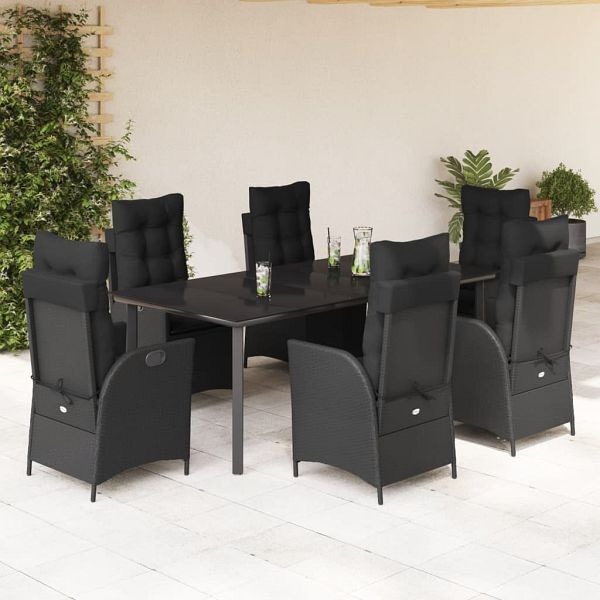vidaXL 7-tlg. Garten-Essgruppe mit Kissen Schwarz Poly Rattan, 3213191