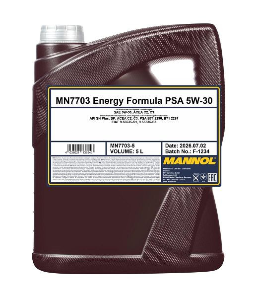 MANNOL Premium-Motorenöl 7703 Energy Formula PSA 5W-30, VE: 5 l, MN7703-5