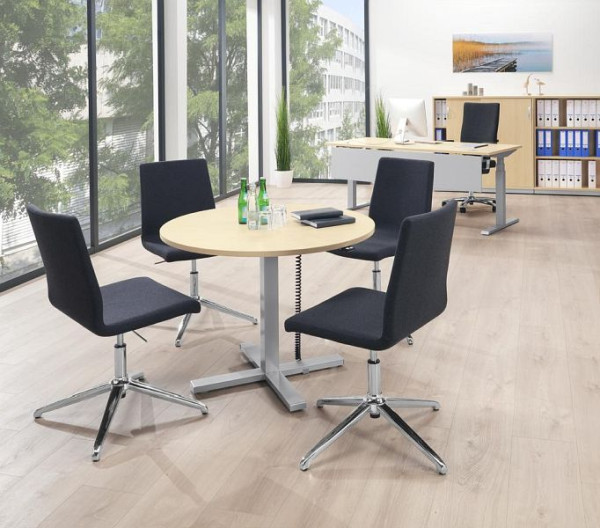 Deskin Sitz-/ Stehtisch MODUL elektromotorisch, höhenverstellbar, Platte Ahorndekor, Gestell Alusilber, Durchmesser 1000 mm, H715 - 1205 mm, 294746