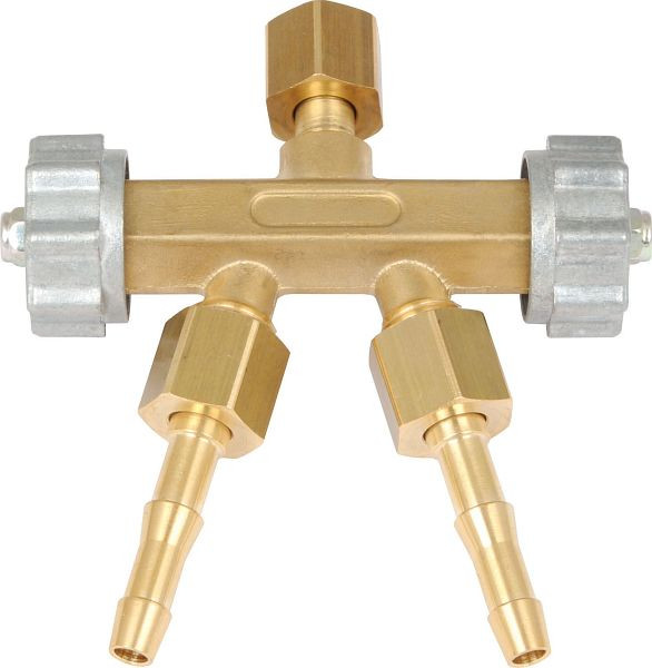 ELMAG Doppelabzweigventil mit Tüllen und Muttern, IG 1/4' für Sauerstoff/Mischgas, 55220