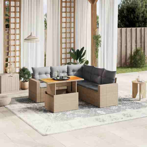 vidaXL 6-tlg. Garten-Sofagarnitur mit Kissen Beige Poly Rattan, UV-beständig, 3271311