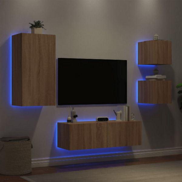 vidaXL 4-tlg. TV-Wohnwand mit LED-Leuchten Sonoma-Eiche, 3216883