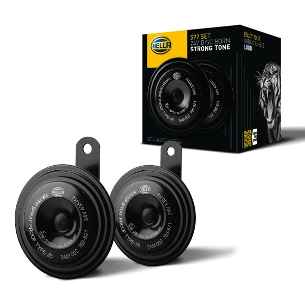 HELLA Horn, HELLA HEAVY DUTY HORN S92 SET, 24V, 113dB(A), Frequenzbereich: 335/435Hz, Hochton/Tiefton, elektrisch, ECE, VE: 2 Stück, 3AM 002 768-821