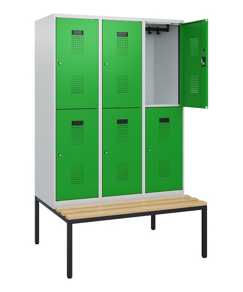 C+P Doppelstöckiger Spind Evolo PLUS, Bank, 6 Fächer, 1950x1200x815mm, 7035/6037, Zylinderschloss, Sitzfläche Buche-Hartholz, Sitzbank, 0493505-32 S10038