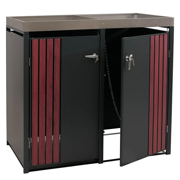 Mendler 2er-Mülltonnenverkleidung HWC-O67, Mülltonnenbox mit Pflanzkasten, Metall 125x132x84cm 55kg, anthrazit Holzoptik dunkel, 122370+122371