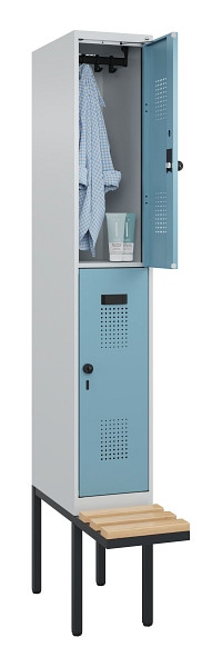 C+P Doppelstock-Spind Evolo PLUS, Bank, 2 Fächer, 2120x300x815mm, 7035/0010, Drehriegel, Sitzfläche Buche-Hartholz, 0493407-10 S10009